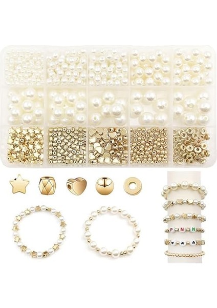 Xspring Ara Boncuk Setleri, Bileklik Boncukları ve Inci 15 Izgaralı 720 Parça Küçük Pürüzsüz Boncuk Altın Yıldız Boncuklar Yuvarlak Disk Boncuklar, Inci Boncuk Takı Yapım Kitleri Dıy El Sanatları