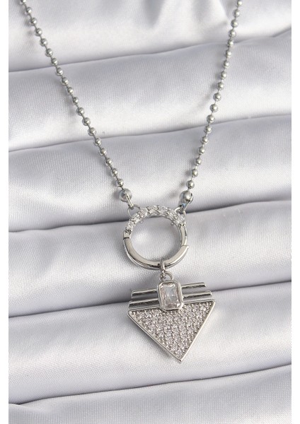 Bfs 316L Çelik Gümüş Renk Topçuk Zincir Zirkon Taşlı Üçgen Model Kadın Kolye