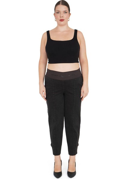 Büyük Beden Kadın Mom Model Lastikli Yüksek Bel Pamuk Kot Pantolon