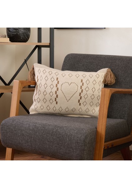 Soft Kalp Desenli Triko Kırlent Kılıfı - Bej - 35X50 cm