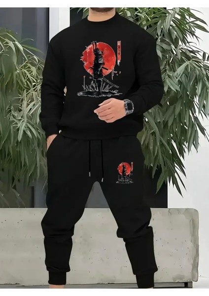 Büyük Beden Özel Tasarım Samuray Baskılı Yuvarlak Yaka %100 Pamuk Kışlık Erkek Eşofman Altı