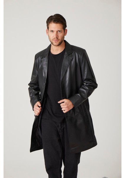 Siyah Tarkan Düğmeli Astarlı Trençkot Erkek Hakiki Deri Kaban
