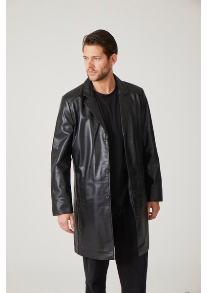 Siyah Tarkan Düğmeli Astarlı Trençkot Erkek Hakiki Deri Kaban modelleri