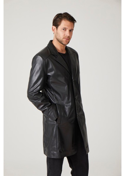 Siyah Tarkan Düğmeli Astarlı Trençkot Erkek Hakiki Deri Kaban indirimleri
