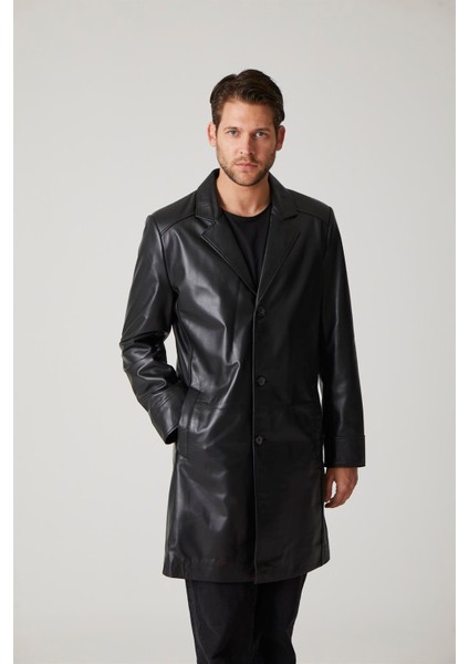 Siyah Tarkan Düğmeli Astarlı Trençkot Erkek Hakiki Deri Kaban