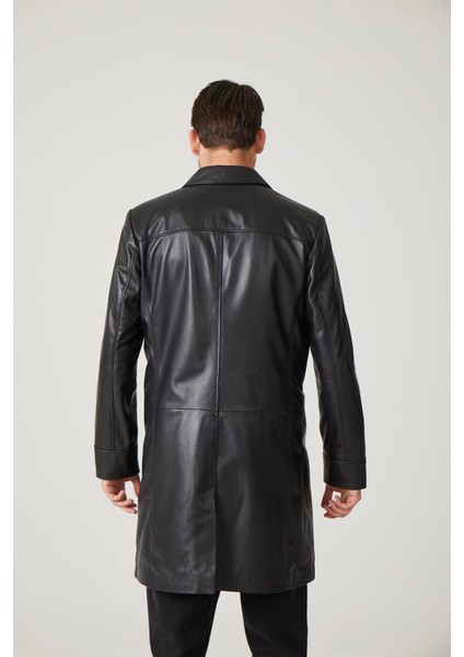 Siyah Tarkan Düğmeli Astarlı Trençkot Erkek Hakiki Deri Kaban