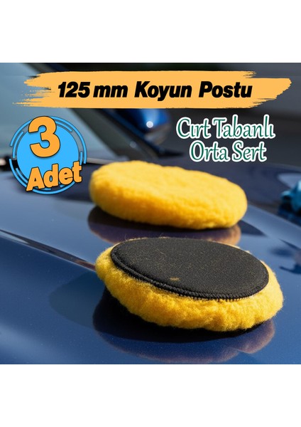 Sarı Renk (3 Adet) Orta Sert Koyun Kuzu Postu Pedi Ø 125 mm Pasta Cila Polisaj Cırt Tabanlı Yün