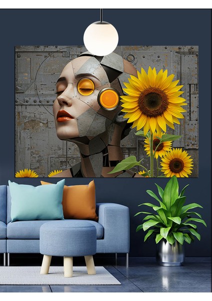 Ayçiçekli Altın Yüzlü Kadın Dekoratif Kanvas - Mdf Ahşap Tablo