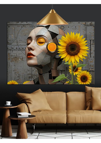 Ayçiçekli Altın Yüzlü Kadın Dekoratif Kanvas - Mdf Ahşap Tablo fiyatları