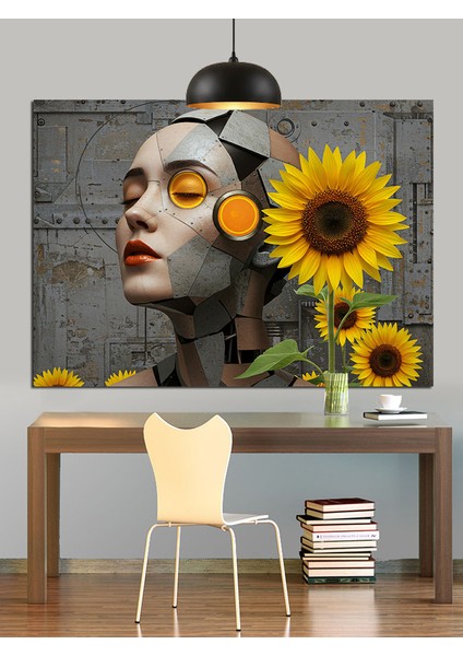 Ayçiçekli Altın Yüzlü Kadın Dekoratif Kanvas - Mdf Ahşap Tablo indirimleri