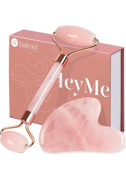 Baımeı Çift Taraflı Cilt Masaj Aleti Rose Quartz Roller & Gua Sha Set Kutusu ve Kesesi ile