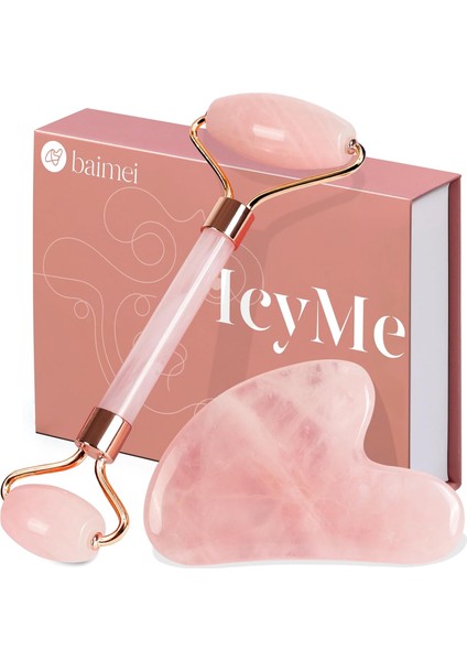 Baımeı Çift Taraflı Cilt Masaj Aleti Rose Quartz Roller & Gua Sha Set Kutusu ve Kesesi ile modelleri