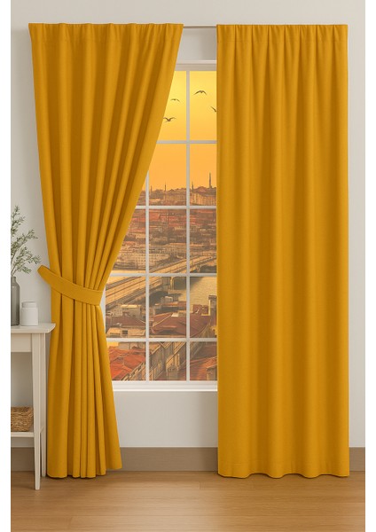 Hardal Sarısı Işık Geçirmez Termal Kornişli Blackout Karartma Saten Perde Enxboy