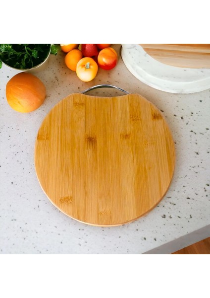 Bambu Kesim Sunum Tahtası Yuvarlak 28 * 28 * 1,5 Cm, Asma Aparatlı Kesme Tahtası, Ahşap Kesme Tahtası.