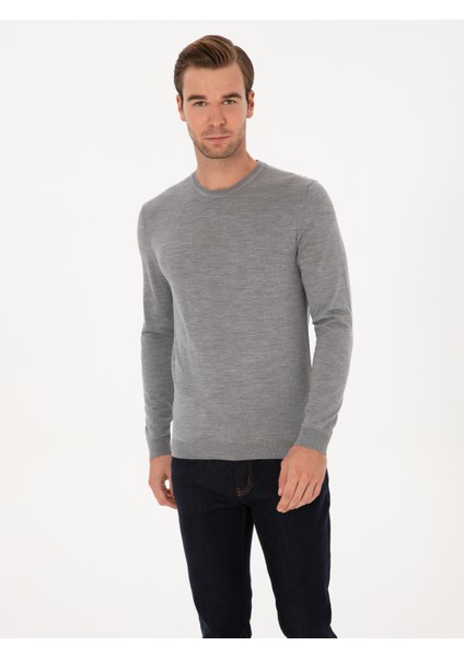 Erkek Gri Slim Fit Kaşmir İpek Karışımlı Bisiklet Yaka Triko Kazak 50316307-VR024