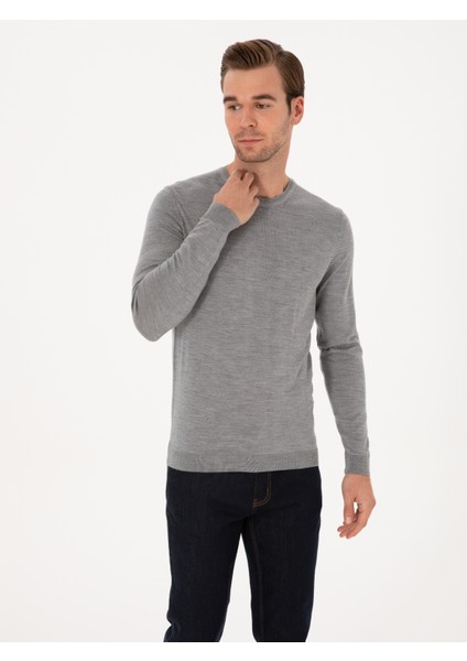 Erkek Gri Slim Fit Kaşmir İpek Karışımlı Bisiklet Yaka Triko Kazak 50316307-VR024 modelleri