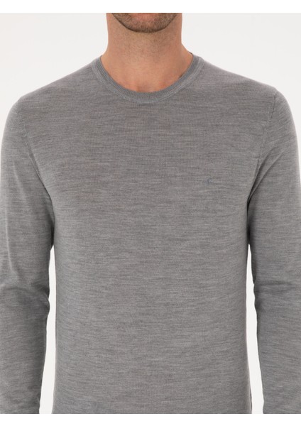 Erkek Gri Slim Fit Kaşmir İpek Karışımlı Bisiklet Yaka Triko Kazak 50316307-VR024