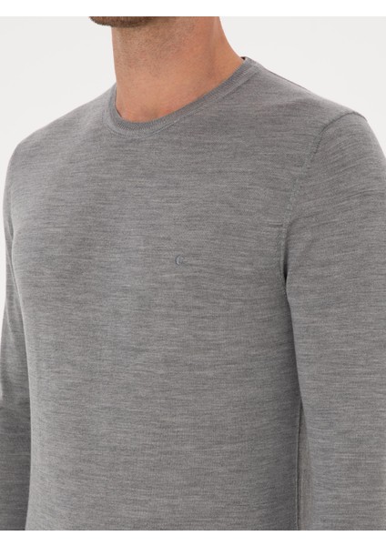 Erkek Gri Slim Fit Kaşmir İpek Karışımlı Bisiklet Yaka Triko Kazak 50316307-VR024