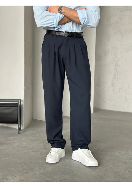 Erkek Lacivert Pileli Baggy Kumaş Pantolon