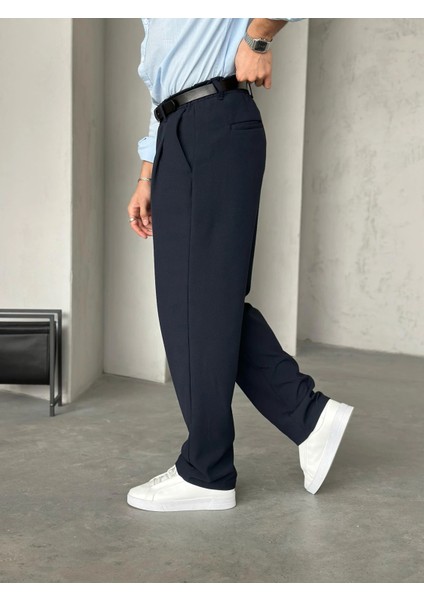Erkek Lacivert Pileli Baggy Kumaş Pantolon modelleri