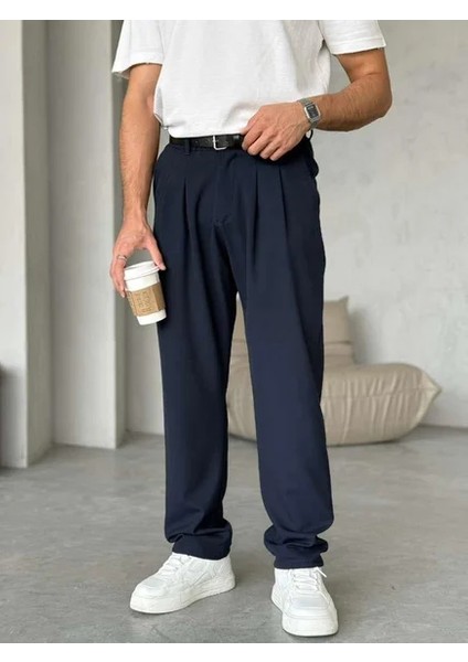 Erkek Lacivert Pileli Baggy Kumaş Pantolon fırsatları
