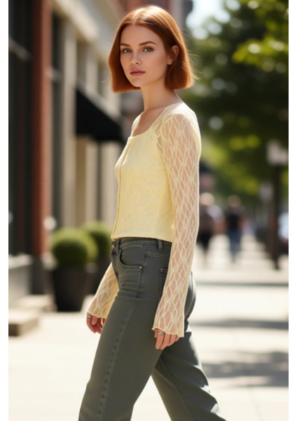 Kadınlar Için Kare Yaka Düğmeli Uzun Kollu Vücuda Oturan Dantel Örme Üst Kaliteli Şık Rahat modelleri