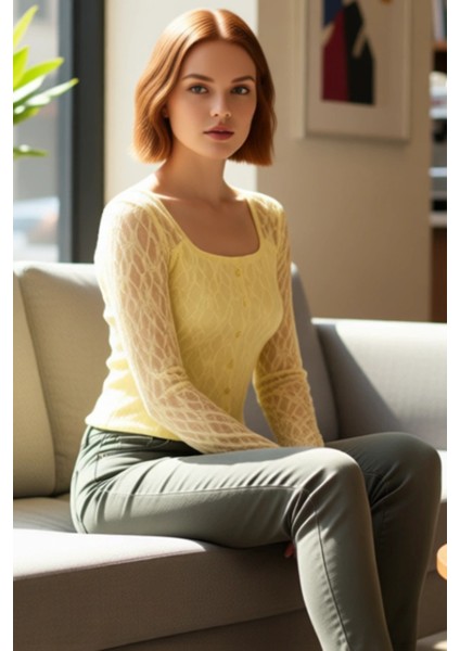 Kadınlar Için Kare Yaka Düğmeli Uzun Kollu Vücuda Oturan Dantel Örme Üst Kaliteli Şık Rahat fırsatları