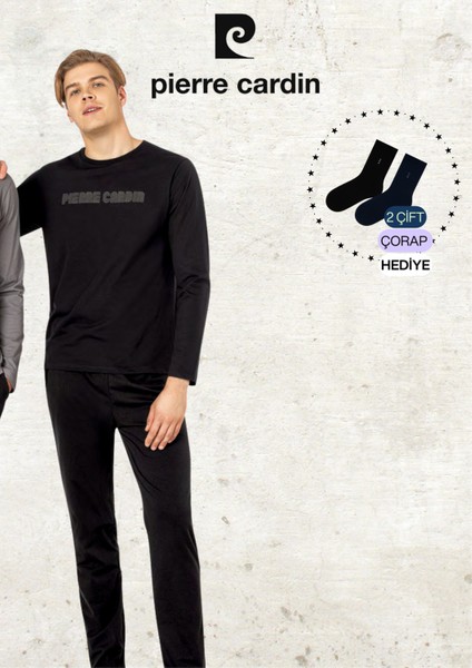 Erkek Giyim %100 Pamuk Uzun Kollu Siyah Pijama Takımı (2 Adet Hediye Çorap) L1.PC.6093.001