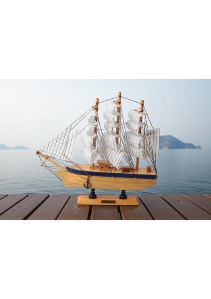 Dekoratif Ahşap El Yapımı Yelkenli Gemi Maketi Masaüstü Biblo Ev Ofis Hediyesi 24 Cm. Model E
