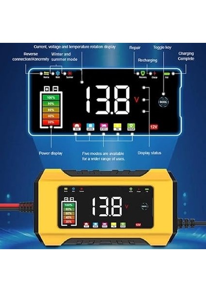 Desülfatör Akü Şarj Cihazı Göstergeli Jel Asitli Sulu Kuru Tip Akülere Uygun Battery Charger (Takviye Özelliği Yoktur) (Ds-Yellow) fiyatları