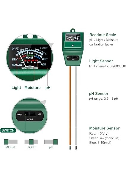 Toprak Ph Ölçer, MS02 3'ü 1 Arada Toprak Nemi/ışık/ph Test Cihazı Bitki Bakımı Için Bahçe Alet Kitleri, Bahçe, Çim, Çiftlik, Iç ve Dış Mekan Kullanımı Için Harika (Yeşil) fiyatları