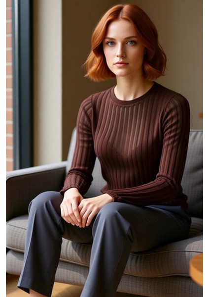 Kadın Moda Şık Regular Bisiklet Yaka Regular Kalıp Örme Transparan Triko Görünümlü Kumaş Boy Bluz