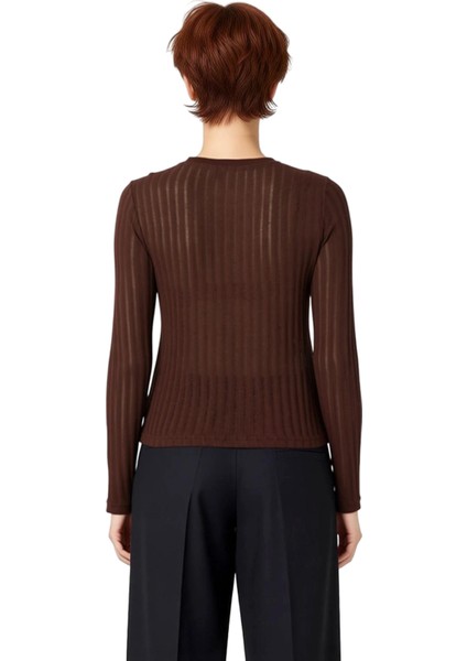 Kadın Moda Şık Regular Bisiklet Yaka Regular Kalıp Örme Transparan Triko Görünümlü Kumaş Boy Bluz modelleri