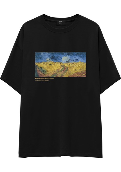 Buğday Tarlası ve Kargalar Oversize Tişört - Siyah