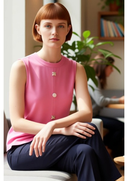 Yazlık Kadın Örme Yelek Regular Kalıp Bisiklet Yaka Scuba Krep Kumaş Dayanıklı Malzeme