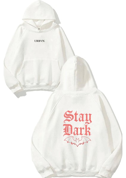 Stay Dark Tasarım Baskılı Oversize Beyaz Kapüşonlu Sweatshirt