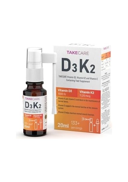 Takecare Vitamin D3, Vitamin K2 ve Vitamin E Içeren Takviye Edici Gıda 20ML Sprey ve Damlalıklı