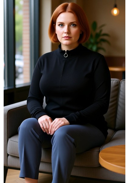 Kadın Moda Şık Büyük Beden Regular Dik Yaka Fitted Kalıp Örme Kaşkorse Bluz