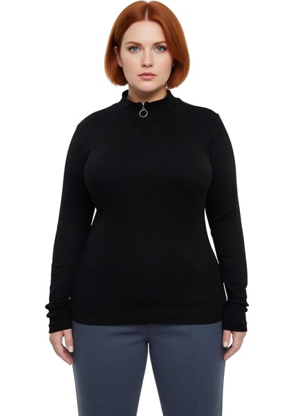 Kadın Moda Şık Büyük Beden Regular Dik Yaka Fitted Kalıp Örme Kaşkorse Bluz fiyatları