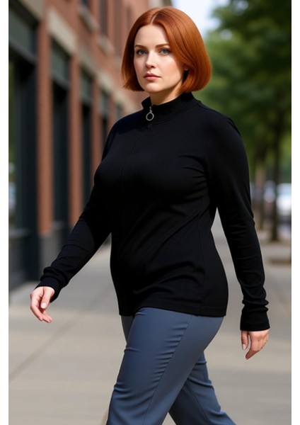 Kadın Moda Şık Büyük Beden Regular Dik Yaka Fitted Kalıp Örme Kaşkorse Bluz fırsatları