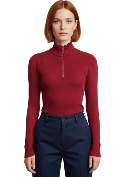 Kadın Moda Şık Üst Giyim Regular Fermuarlı Yaka Slim Kalıp Örme Fitted Vücuda Oturan Esnek Bluz fiyatları