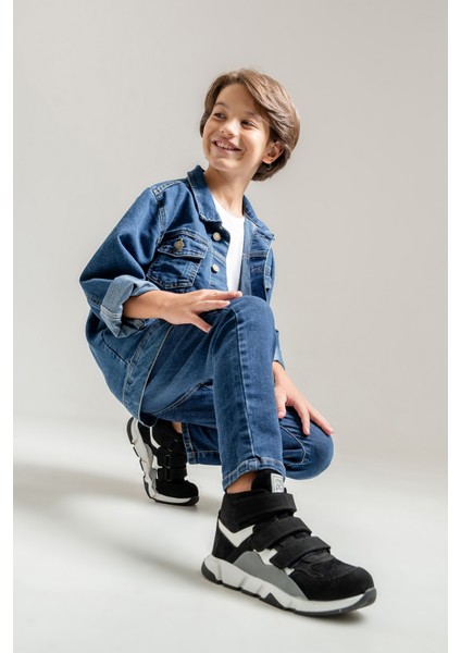 Erkek Çocuk Siyah Hakiki Deri Anatomik Günlük Bot