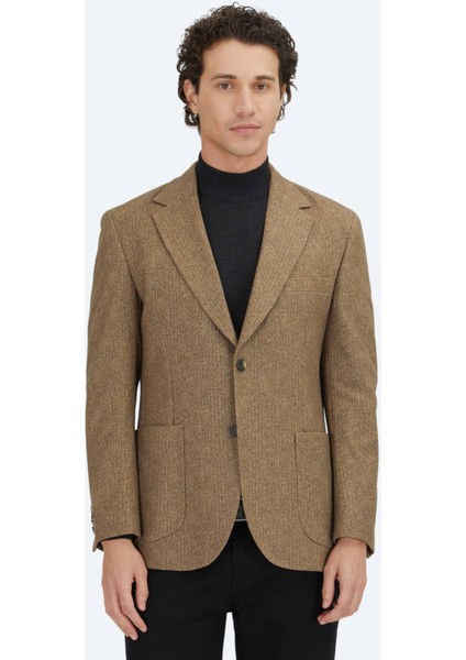 Kahverengi Baskılı Modern Fit Örme Ceket