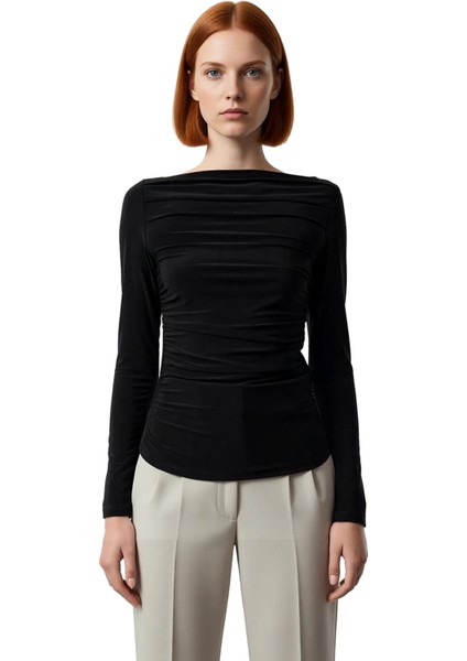 Stil Kadın Drapeli Vücuda Oturan Esnek Bluz Regular Örme Slim Kalıp