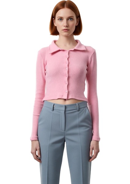 Kadın Esnek Örme Bluz Vücuda Oturan Crop Boy Gömlek Yaka Uzun Kollu Düğmeli Casual Günlük Kışlık