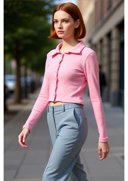 Kadın Esnek Örme Bluz Vücuda Oturan Crop Boy Gömlek Yaka Uzun Kollu Düğmeli Casual Günlük Kışlık modelleri