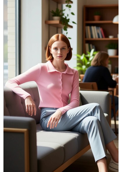 Kadın Esnek Örme Bluz Vücuda Oturan Crop Boy Gömlek Yaka Uzun Kollu Düğmeli Casual Günlük Kışlık fırsatları