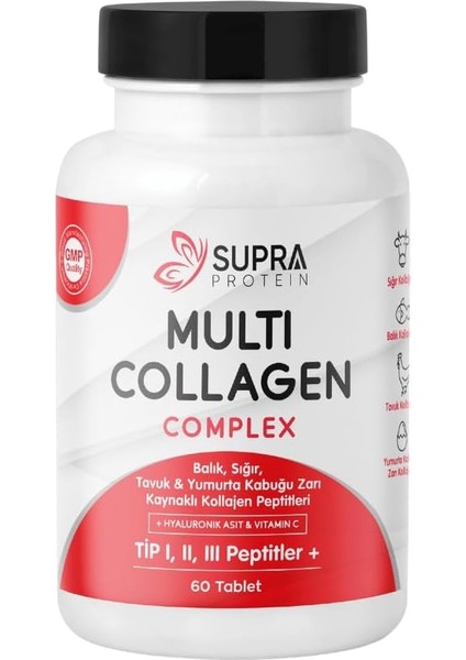 Supra Protein Multi Collagen Complex 60 Tablet- Tip 1, 2, 3, 5, 10 Formda Balık, Sığır, Tavuk, Yumurta Kabuğu Zarı Kolajen Peptidleri Karışımı + Hyaluronik Asit & Vitamin C fiyatları