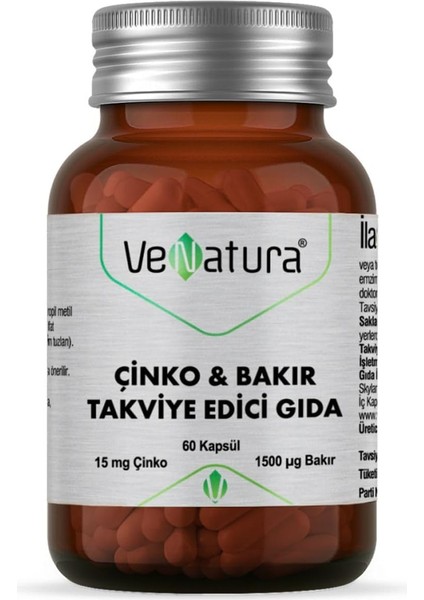 Venatura Çinko & Bakır Takviye Edici Gıda 60 Kapsül 1 Paket (1 x 1 Adet)