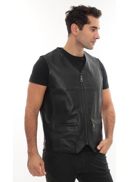 Erkek Hakiki Deri Fermuarlı Yelek - Titan